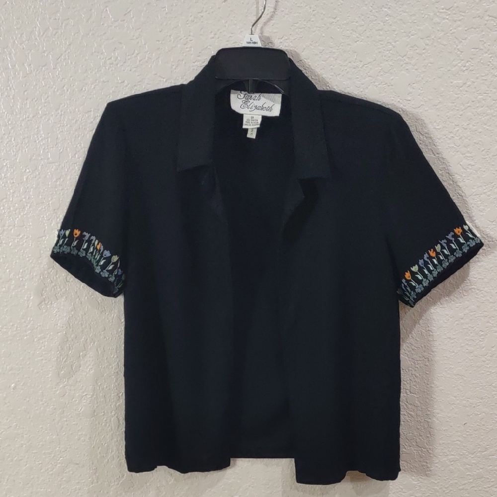 Sarah Elizabeth Black Short Sleeve Shirt with Embroidered Sleeves